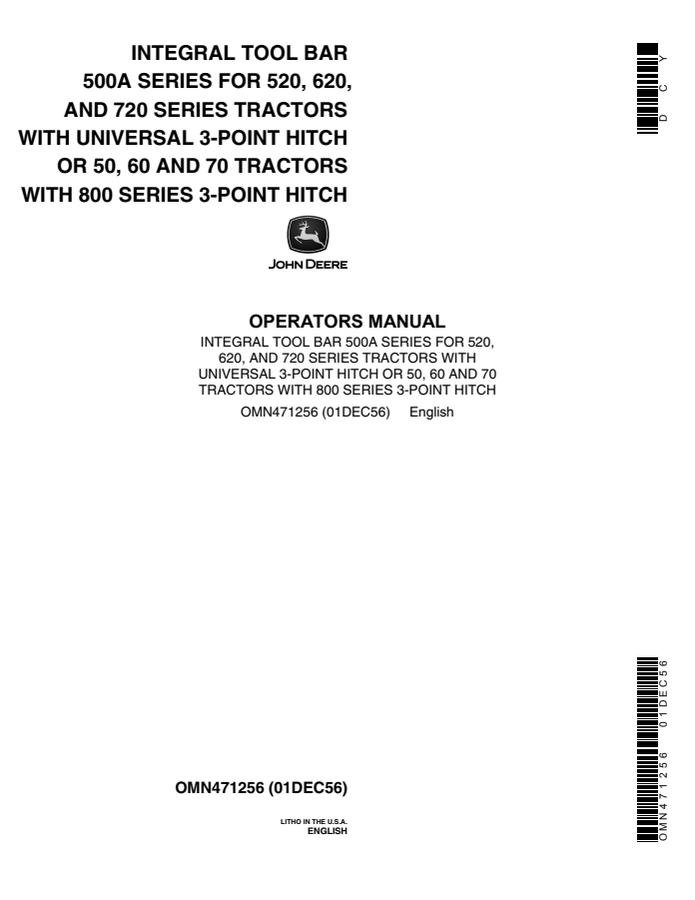 John Deere 500A Series Integral tool bar Operator manual OMN471256 — actual manual cover