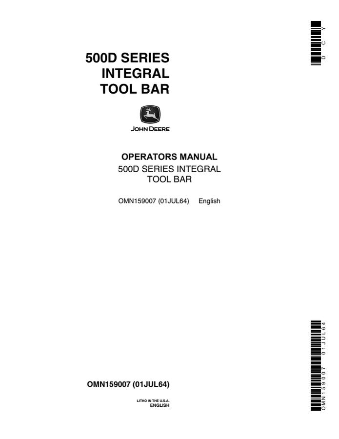 John Deere 500D Series Integral Tool Bar Integral tool bar Operator manual OMN159007 — actual manual cover