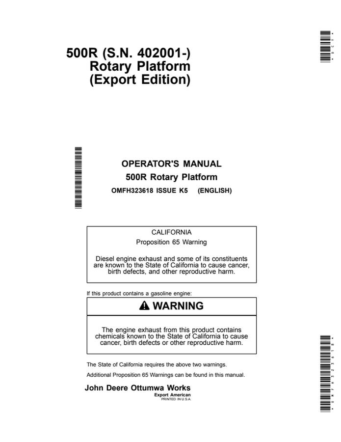 John Deere 500R Rotary platform Operator manual OMFH323618 — actual manual cover