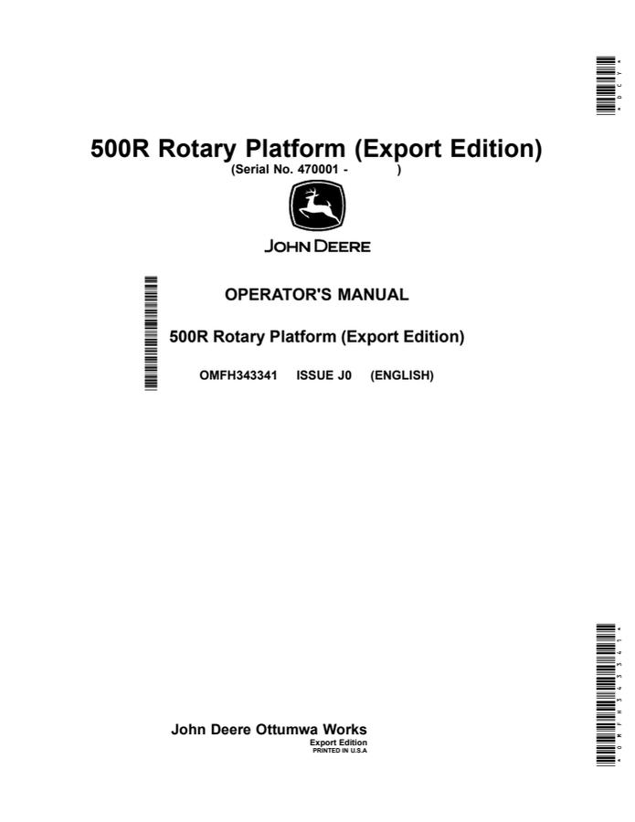 John Deere 500R Rotary platform Operator manual OMFH343341 — actual manual cover