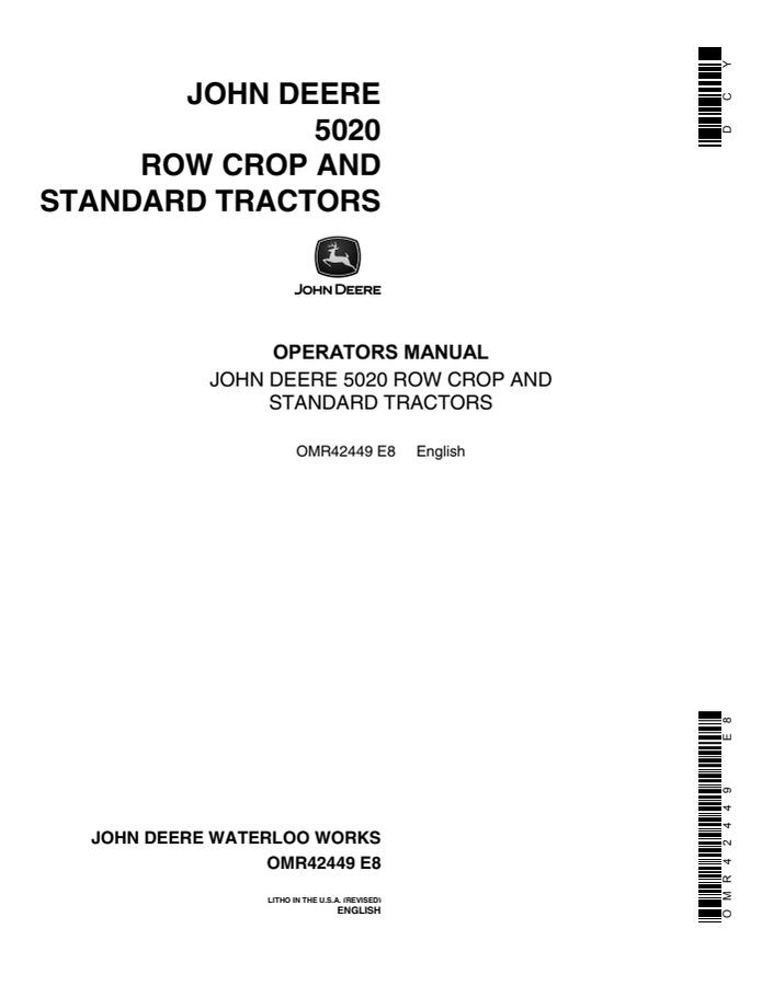 John Deere 5020 Row Crop; 5020 Standard Tractor Operator manual OMR42449 — actual manual cover