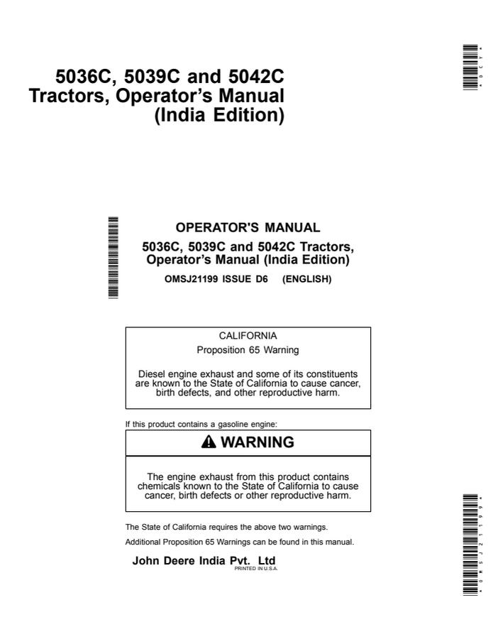 John Deere 5036C; 5039C; 5042C Tractor Operator manual OMSJ21199 — actual manual cover