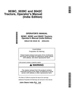 John Deere 5036C; 5039C; 5042C Tractor Operator manual OMSJ21199 — actual manual cover