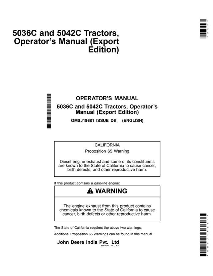 John Deere 5036C; 5042C Tractor Operator manual OMSJ19681 — actual manual cover