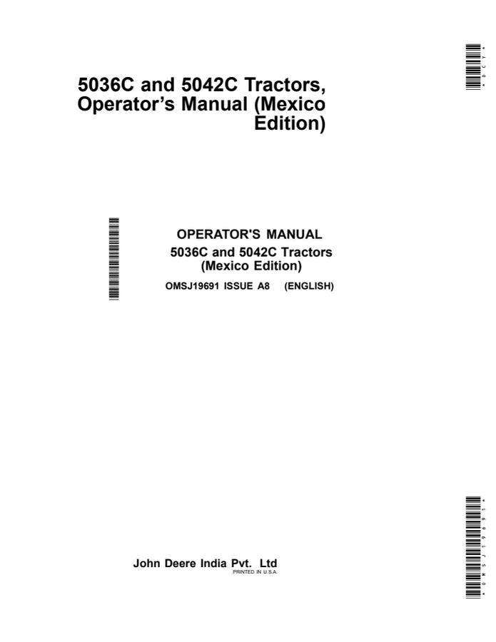 John Deere 5036C; 5042C Tractor Operator manual OMSJ19691 — actual manual cover