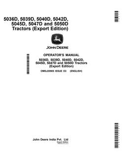 John Deere 5036D; 5039D; 5040D; 5042D; 5045D; 5047D; 5050D Tractor Operator manual OMSJ20905 — actual manual cover
