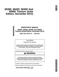 John Deere 5038D; 5042D; 5045D; 5050D Tractor Operator manual OMSJ12954 — actual manual cover