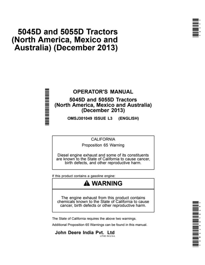 John Deere 5045D; 5055D Tractor Operator manual OMSJ301049 — actual manual cover