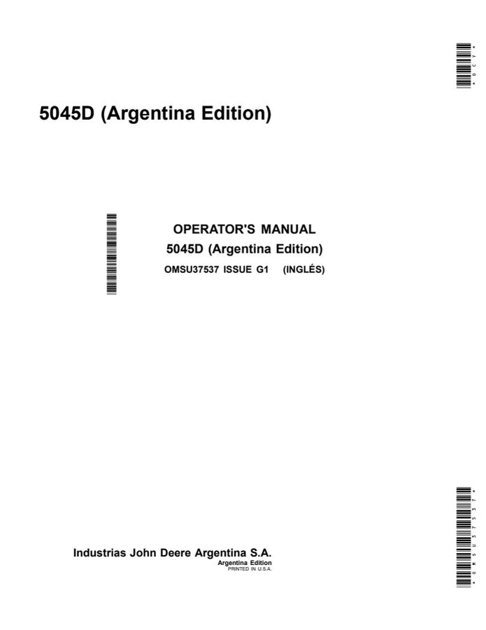 John Deere 5045D Tractor Operator manual OMSU37537 — actual manual cover