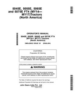 John Deere 5045E; 5055E; 5065E; 5075E FT4 (MY14-MY17) Tractor Operator manual OMSJ29833 — actual manual cover