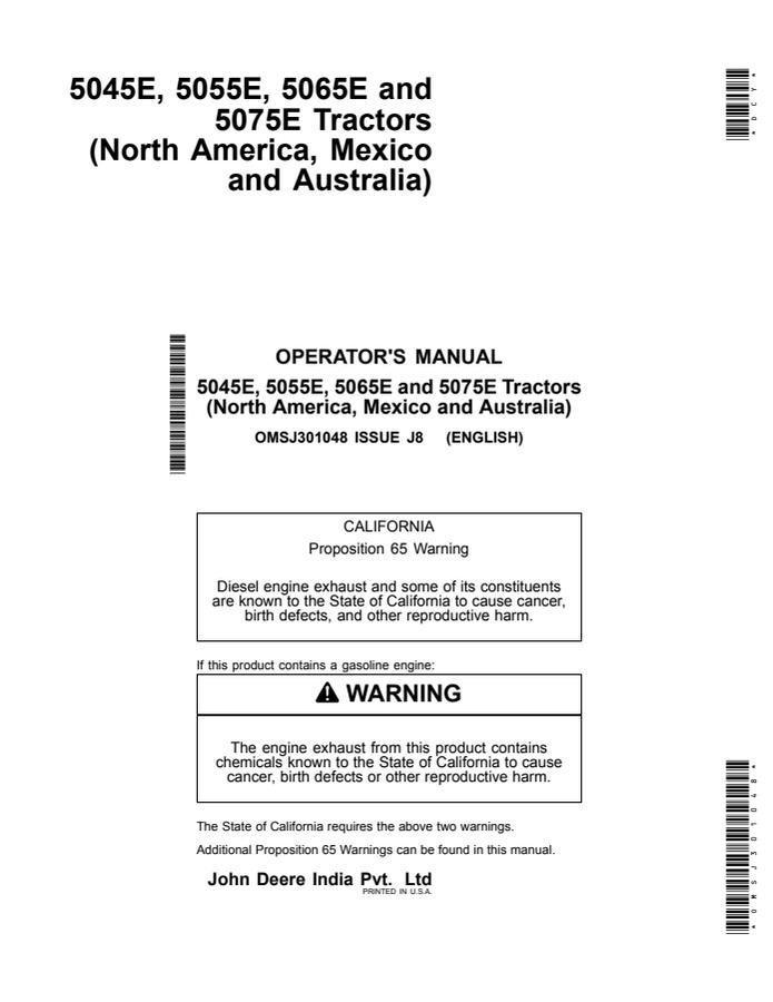 John Deere 5045E; 5055E; 5065E; 5075E Tractor Operator manual OMSJ301048 — actual manual cover