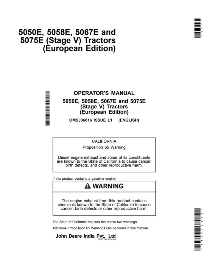 John Deere 5050E, 5058E, 5067E, 5075E Stage V Tractor Operator manual OMSJ36816 — actual manual cover