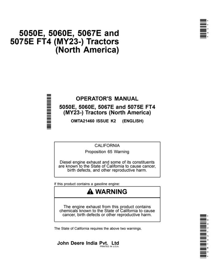 John Deere 5050E; 5060E; 5067E; 5075E FT4 (MY23-) Tractor Operator manual OMTA21460 — actual manual cover
