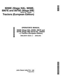 John Deere 5050E Stage IIIA, 5058E, 5067E, 5075E Stage IIIB Tractor Operator manual OMSJ29570 — actual manual cover