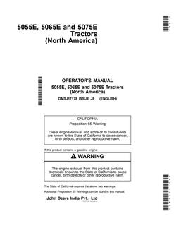 John Deere 5055E; 5065E; 5075E Tractor Operator manual OMSJ17178 — actual manual cover