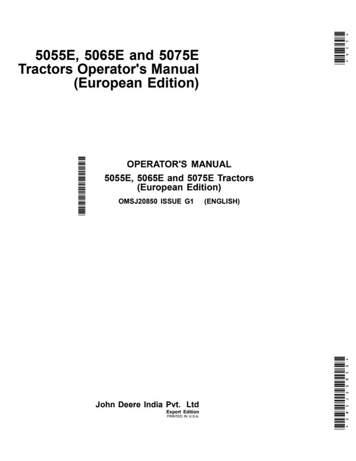 John Deere 5055E; 5065E; 5075E Tractor Operator manual OMSJ20850 — actual manual cover