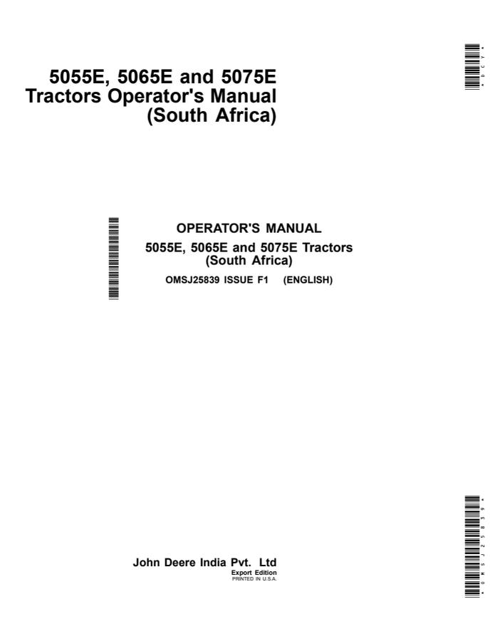 John Deere 5055E; 5065E; 5075E Tractor Operator manual OMSJ25839 — actual manual cover