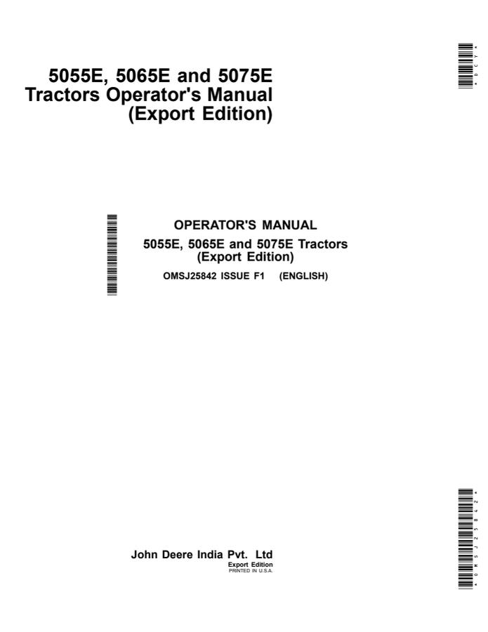 John Deere 5055E; 5065E; 5075E Tractor Operator manual OMSJ25842 — actual manual cover