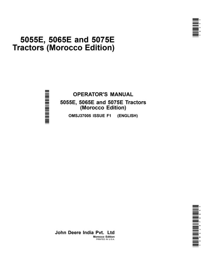 John Deere 5055E; 5065E; 5075E Tractor Operator manual OMSJ37005 — actual manual cover