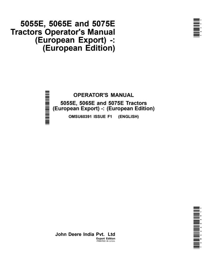 John Deere 5055E; 5065E; 5075E Tractor Operator manual OMSU60391 — actual manual cover