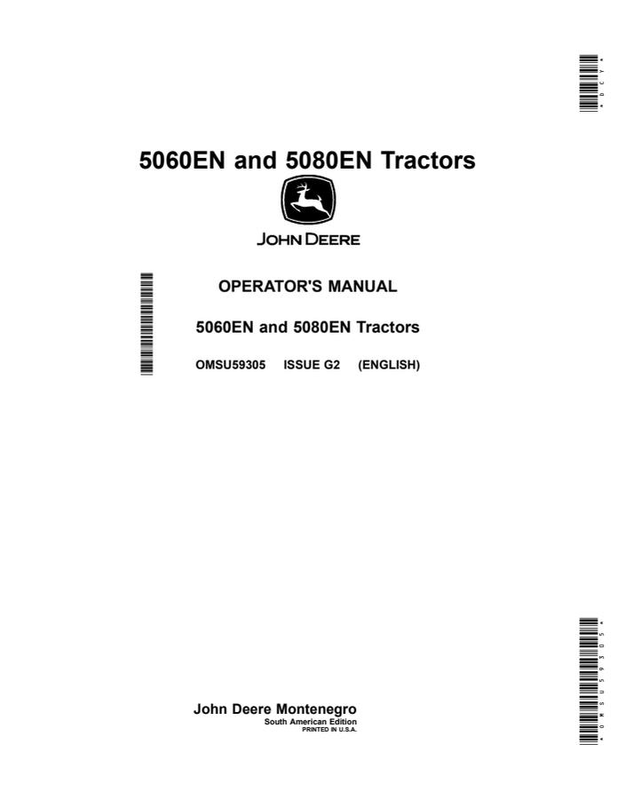 John Deere 5060EN; 5080EN Tractor Operator manual OMSU59305 — actual manual cover