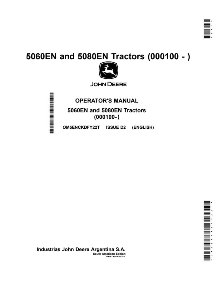 John Deere 5060EN, 5080EN Tractor Operator's manual OM5ENCKDFY22T — actual manual cover