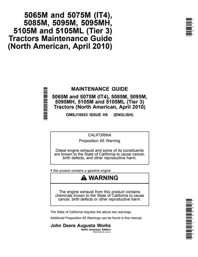 John Deere 5065M; 5075M (IT4); 5085M; 5095M; 5095MH; 5105M; 5105ML (Tier 3) Tractor Maintenance guide OMSJ10033 — actual manual cover