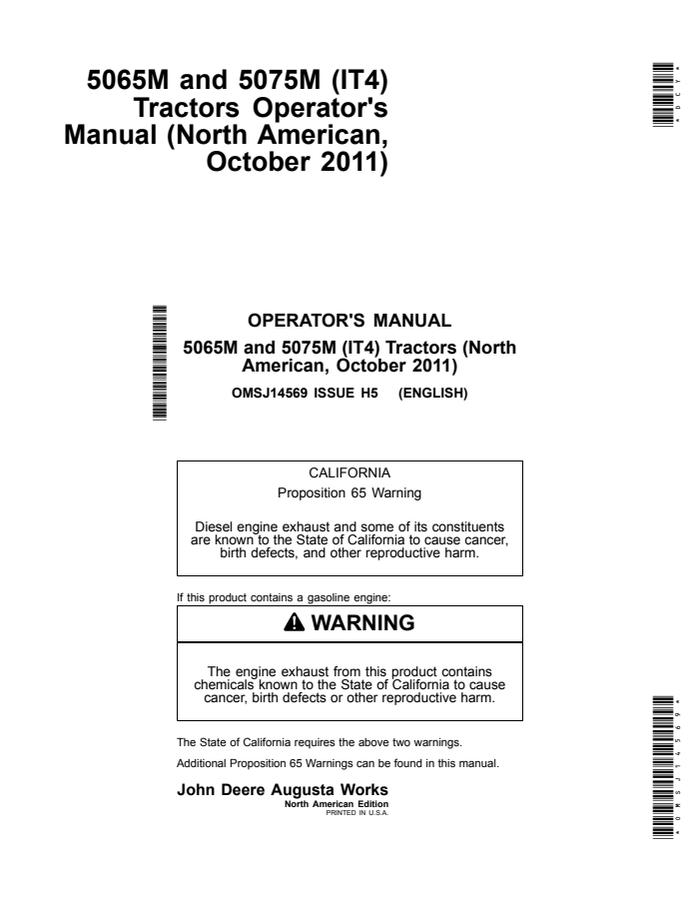 John Deere 5065M, 5075M IT4 Tractor Operator manual OMSJ14569 — actual manual cover