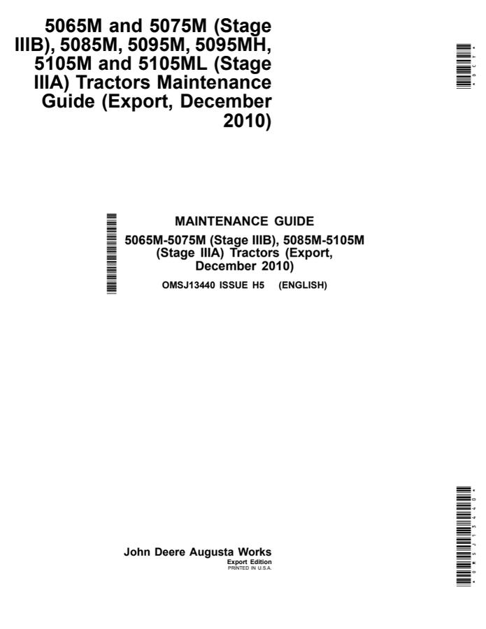 John Deere 5065M; 5075M (Stage IIIB); 5085M; 5095M; 5095MH; 5105M; 5105ML (Stage IIIA) Tractor Maintenance guide OMSJ13440 — actual manual cover
