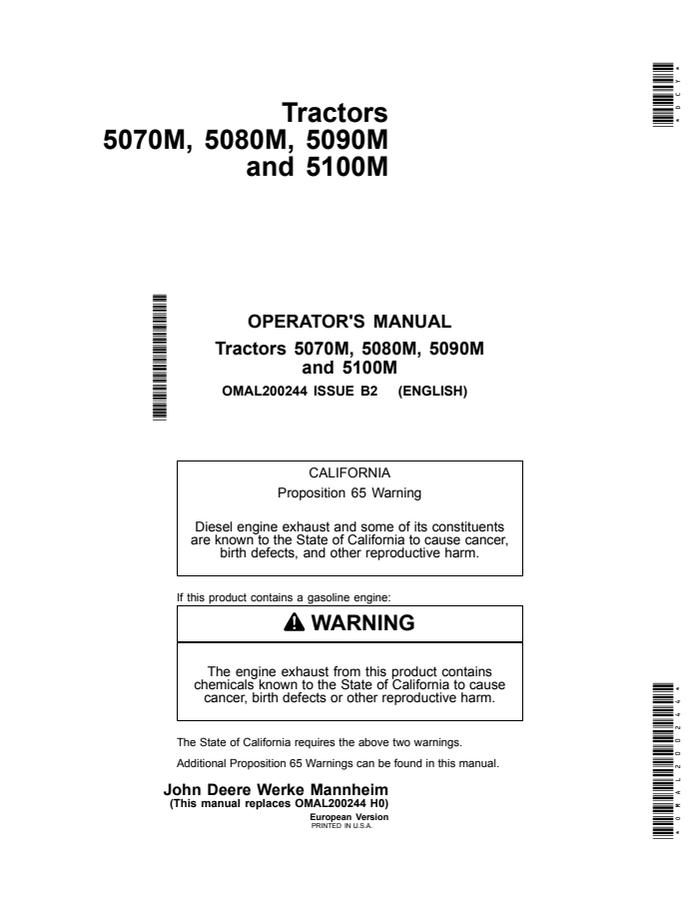John Deere 5070M, 5080M, 5090M, 5100M Tractor Operator manual OMAL200244 — actual manual cover