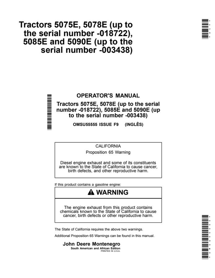 John Deere 5075E; 5078E; 5085E; 5090E Tractor Operator manual OMSU55555 — actual manual cover