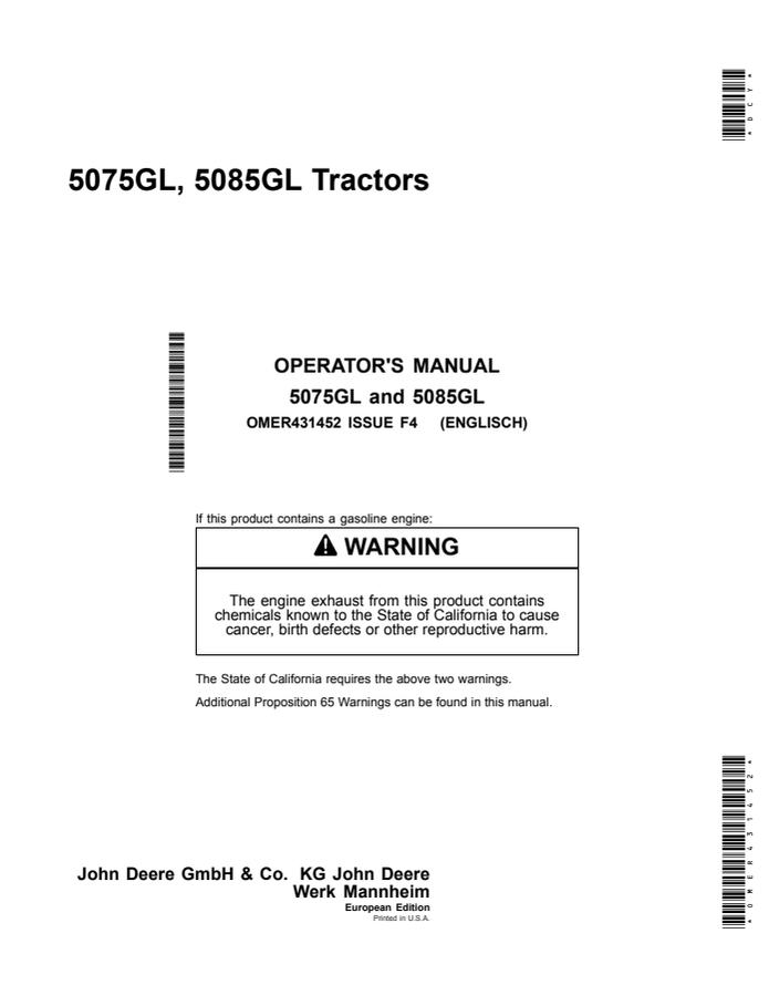 John Deere 5075GL; 5085GL Tractor Operator manual OMER431452 — actual manual cover