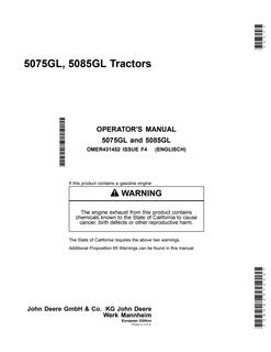 John Deere 5075GL; 5085GL Tractor Operator manual OMER431452 — actual manual cover