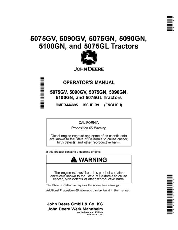 John Deere 5075GV, 5090GV, 5075GN, 5090GN, 5100GN, 5075GL Tractor Operator's manual OMER444695 — actual manual cover