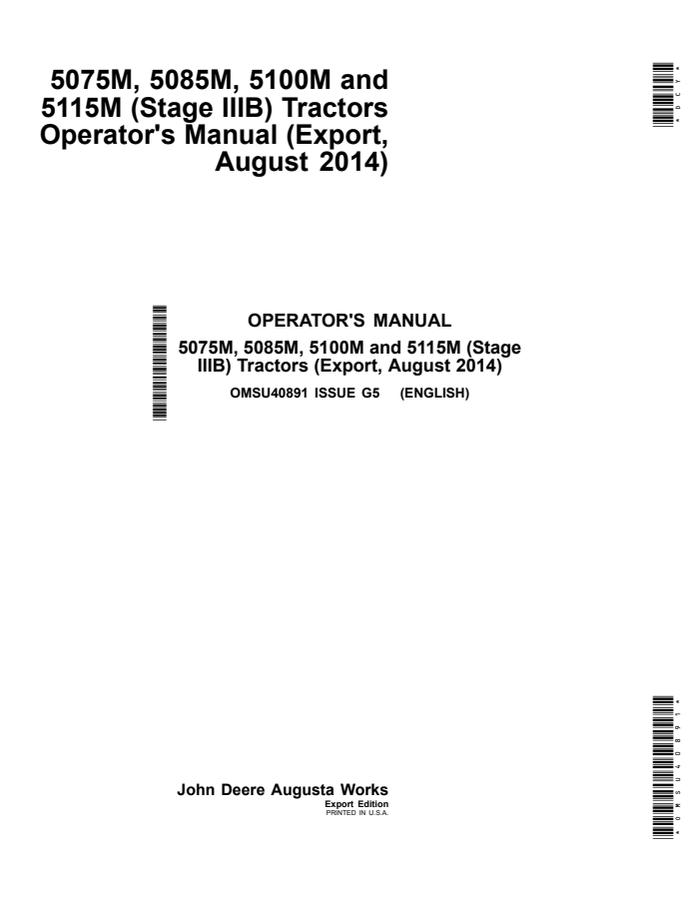 John Deere 5075M; 5085M; 5100M; 5115M (Stage IIIB) Tractor Operator manual OMSU40891 — actual manual cover