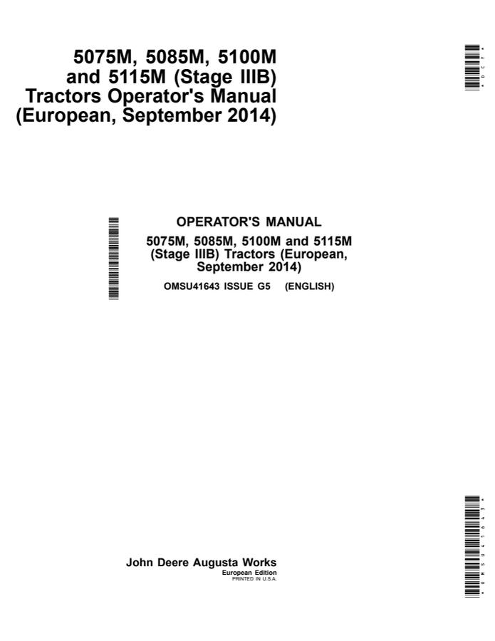 John Deere 5075M; 5085M; 5100M; 5115M (Stage IIIB) Tractor Operator manual OMSU41643 — actual manual cover