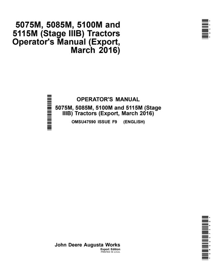 John Deere 5075M; 5085M; 5100M; 5115M (Stage IIIB) Tractor Operator manual OMSU47590 — actual manual cover