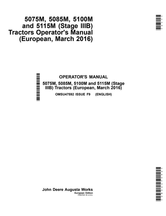 John Deere 5075M; 5085M; 5100M; 5115M (Stage IIIB) Tractor Operator manual OMSU47592 — actual manual cover