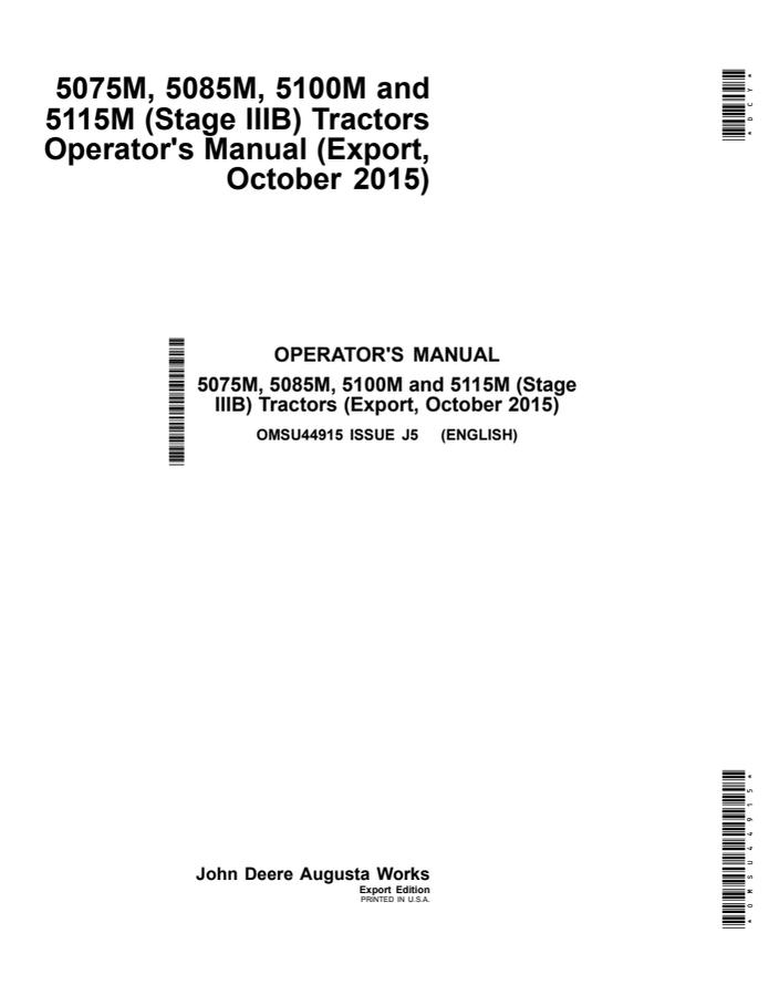 John Deere 5075M, 5085M, 5100M, 5115M (Stage IIIB) Tractor Operator's manual OMSU44915 — actual manual cover