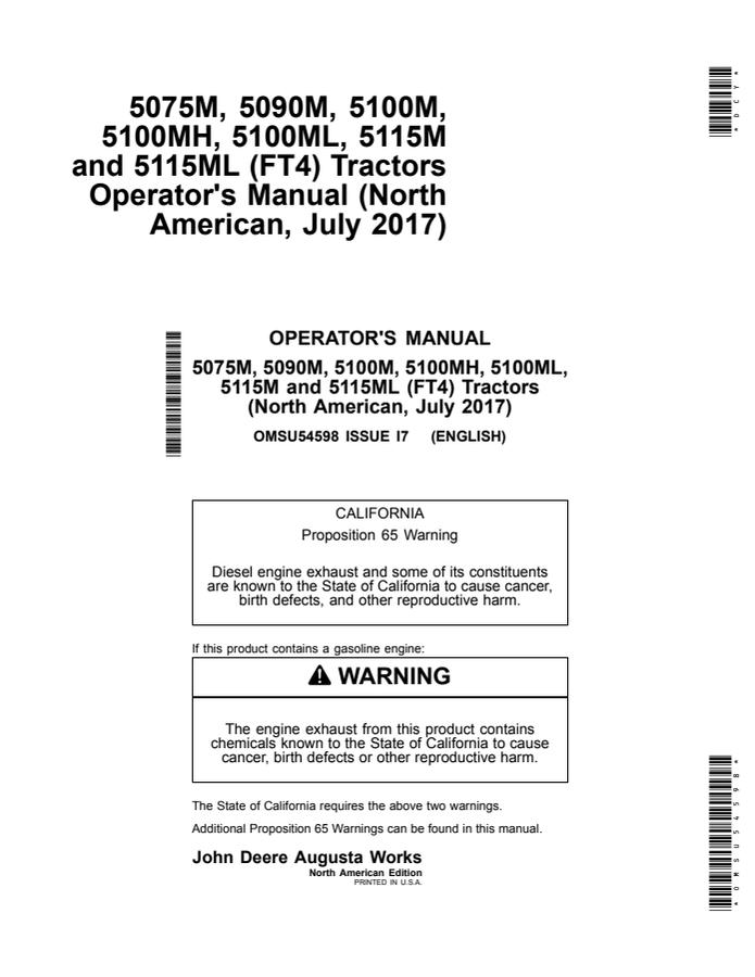 John Deere 5075M; 5090M; 5100M; 5100MH; 5100ML; 5115M; 5115ML (FT4) Tractor Operator manual OMSU54598 — actual manual cover
