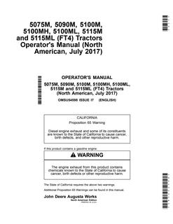 John Deere 5075M; 5090M; 5100M; 5100MH; 5100ML; 5115M; 5115ML (FT4) Tractor Operator manual OMSU54598 — actual manual cover