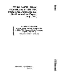 John Deere 5075M; 5090M; 5100M; 5100MH; 5115M (FT4) Tractor Operator manual OMSU49165 — actual manual cover