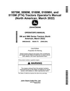 John Deere 5075M; 5090M; 5100M; 5100MH; 5115M (FT4) Tractor Operator manual OMSU64425 — actual manual cover