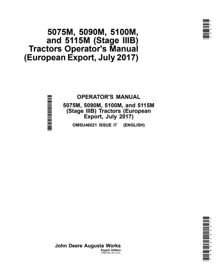 John Deere 5075M; 5090M; 5100M; 5115M (Stage IIIB) Tractor Operator manual OMSU46521 — actual manual cover