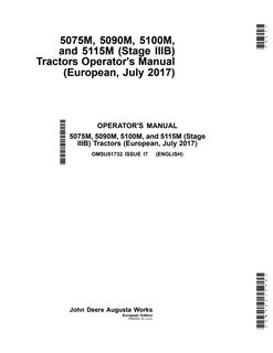 John Deere 5075M; 5090M; 5100M; 5115M (Stage IIIB) Tractor Operator manual OMSU51732 — actual manual cover
