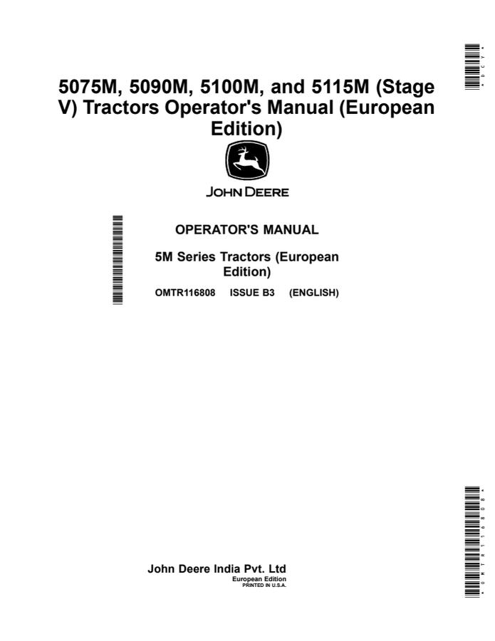 John Deere 5075M, 5090M, 5100M, 5115M Stage V Tractor Operator manual OMTR116808 — actual manual cover