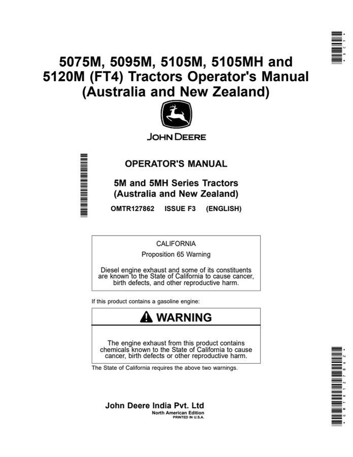 John Deere 5075M; 5095M; 5105M; 5105MH; 5120M (FT4) Tractor Operator manual OMTR127862 — actual manual cover
