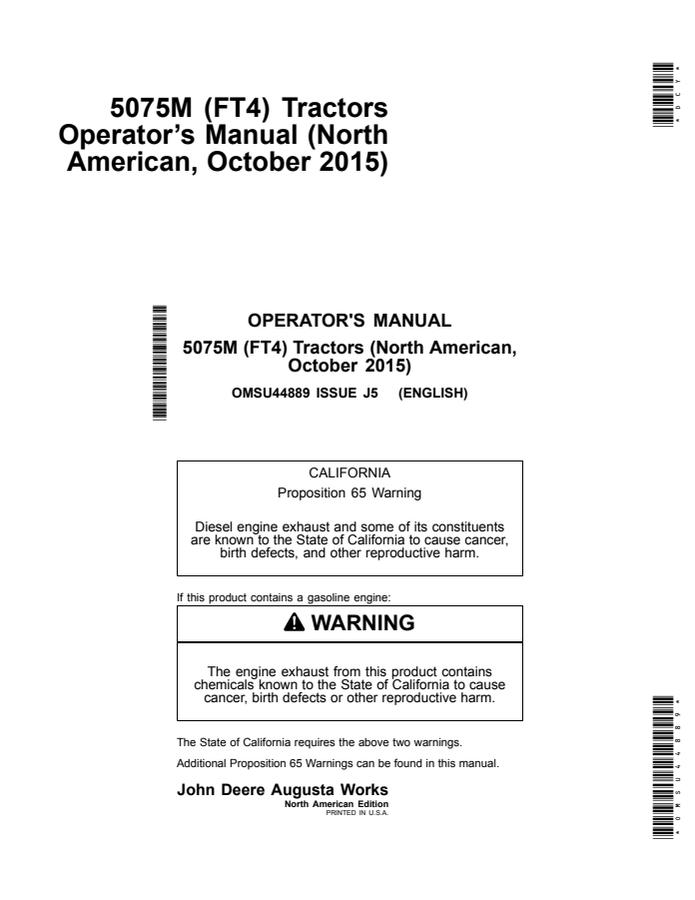John Deere 5075M (FT4) Tractor Operator manual OMSU44889 — actual manual cover