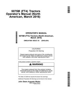 John Deere 5075M (FT4) Tractor Operator manual OMSU47569 — actual manual cover