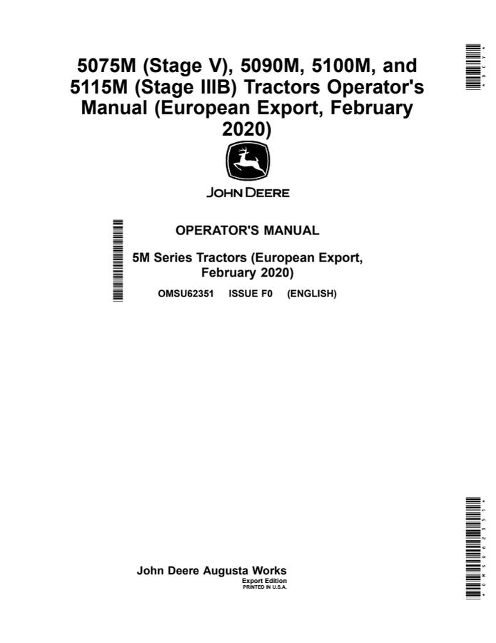 John Deere 5075M (Stage V); 5090M; 5100M; 5115M (Stage IIIB) Tractor Operator manual OMSU62351 — actual manual cover